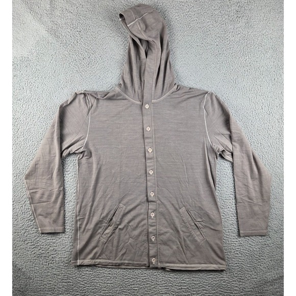 Rambler's Way Button Down Polo Shirt Mens L Gray Brown 100% Wool Made USA Hooded